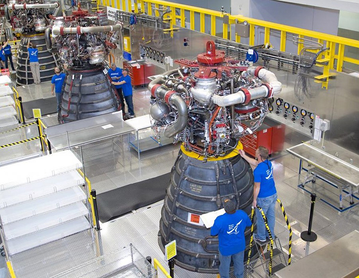 Three RS-25 engines are inspected at Aerojet Rocketdyne’s facility located at NASA’s Stennis Space Center in Mississippi. Four RS-25 engines power the core stage of the Space Launch System rocket.